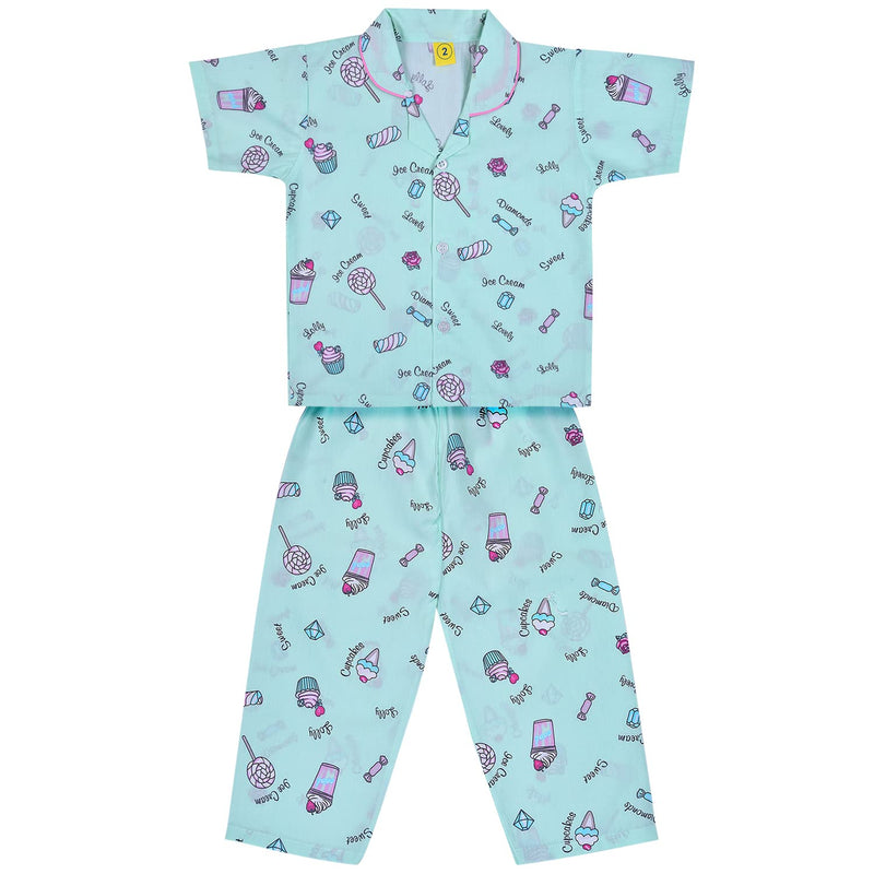 Wish Karo Cotton Night Dress Top & Bottom Pajama Set for Girls-(ND35sgnw)