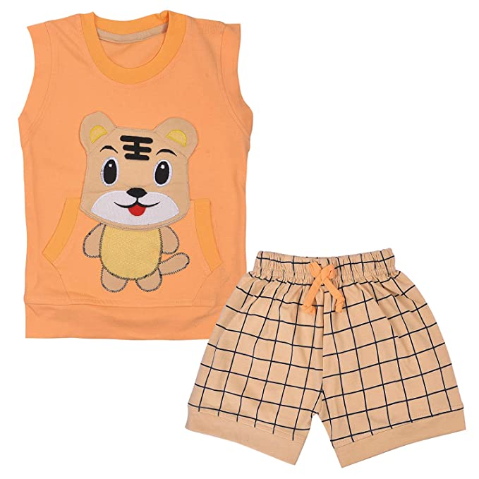 Wish Karo Unisex Cotton Animal Print T-Shirt and Short Set for Baby Boys - Baby Girls(Bt12pch)